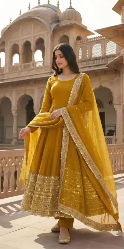 ZSR 3152 Mustered Color Roman silk Gown with Embroidery Work & Lace Work. Grab it for ₹2599. Delivery 4-6 Working Days. Shop now. | Gowns, Bollywood Gowns, Creative Gowns, Designer Gowns, Embroidered Gowns, Party Wear Gowns