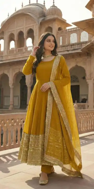 ZSR 3152 Mustered Color Roman silk Gown with Embroidery Work & Lace Work. Grab it for ₹2599. Delivery 4-6 Working Days. Shop now. | Gowns, Bollywood Gowns, Creative Gowns, Designer Gowns, Embroidered Gowns, Party Wear Gowns