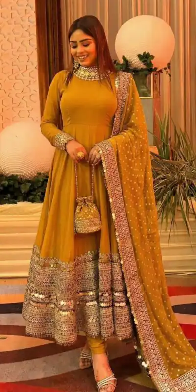 ZSR 3152 Mustered Color Roman silk Gown with Embroidery Work & Lace Work. Grab it for βΉ2599. Delivery 4-6 Working Days. Shop now. | Gowns, Bollywood Gowns, Creative Gowns, Designer Gowns, Embroidered Gowns, Party Wear Gowns