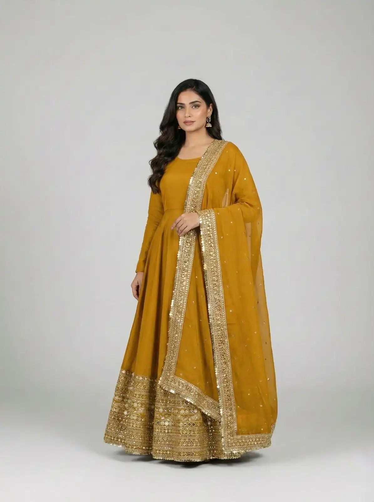 ZSR 3152 Mustered Color Roman silk Gown with Embroidery Work & Lace Work. Grab it for ₹2599. Delivery 4-6 Working Days. Shop now. | Gowns, Bollywood Gowns, Creative Gowns, Designer Gowns, Embroidered Gowns, Party Wear Gowns