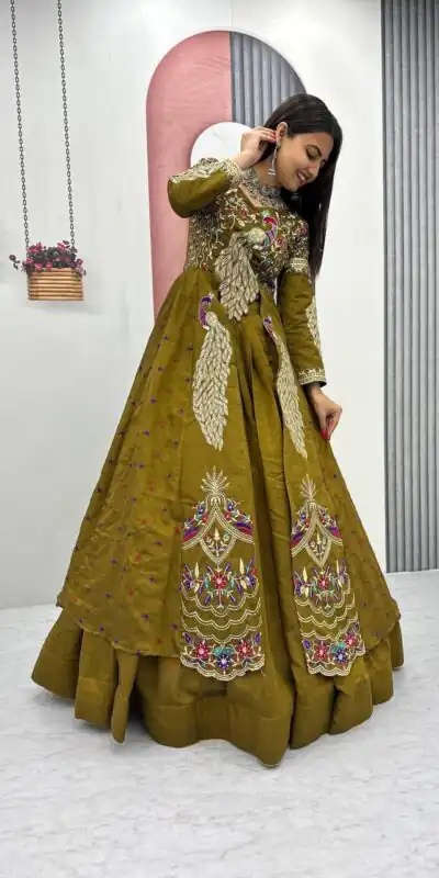 PC 528 Mustered Vichitra Sequence Work Lehenga Choli Designer Work. Grab it for ₹2649. Delivery 4-6 Working Days. Shop now. | Lehenga, Bollywood Lehenga, Creative Lehenga, Designer Lehenga, Embroidered Lehenga, Party Wear Lehenga