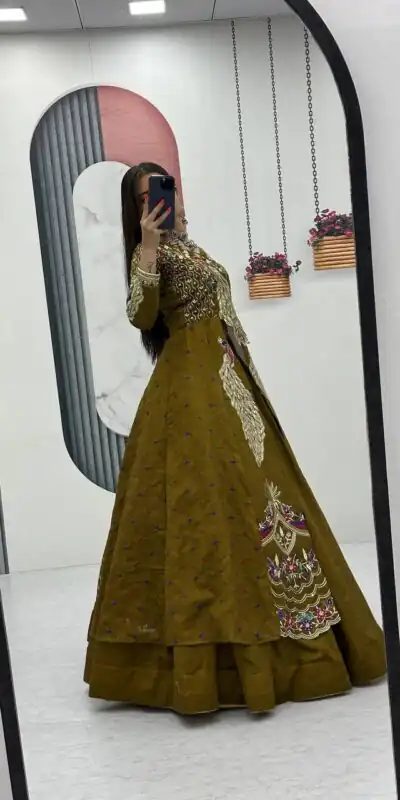 PC 528 Mustered Vichitra Sequence Work Lehenga Choli Designer Work. Grab it for ₹2649. Delivery 4-6 Working Days. Shop now. | Lehenga, Bollywood Lehenga, Creative Lehenga, Designer Lehenga, Embroidered Lehenga, Party Wear Lehenga