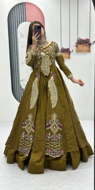PC 528 Mustered Vichitra Sequence Work Lehenga Choli Designer Work. Grab it for ₹2649. Delivery 4-6 Working Days. Shop now. | Lehenga, Bollywood Lehenga, Creative Lehenga, Designer Lehenga, Embroidered Lehenga, Party Wear Lehenga