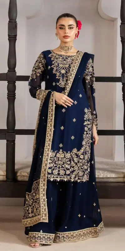 LG 2061 Navy Blue Organza Silk Salwar Suit with Embroidery Work. Exclusive Offer ₹2499. Delivery 4-6 Working Days. Shop now. | Jump Suits, Salwar suit, Casual Suits, Creative suits, Designer Suits, Palazzo Suits, Party Wear Suits, Patiala Suits, Straight Suits