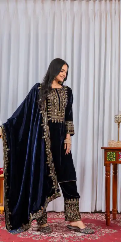 AD 089 Navy Blue Viscose Velvet Salwar Suit with Embroidery Work. Affordable Price ₹1999. Delivery 4-6 Working Days. Shop now. | Jump Suits, Salwar suit, Casual Suits, Creative suits, Designer Suits, Palazzo Suits, Party Wear Suits, Patiala Suits, Straight Suits