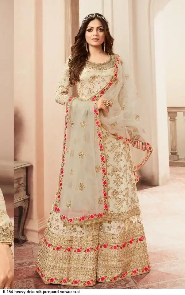FC L.t 5401 Off White Color Jacquard Silk Georgette Diamond Sharara Suit Wedding, Party, Festive Expected Delivery 4-6 Working Days  @2999/- | Jump Suits, Salwar suit, Casual Suits, Creative suits, Designer Suits, Palazzo Suits, Party Wear Suits, Patiala Suits, Straight Suits
