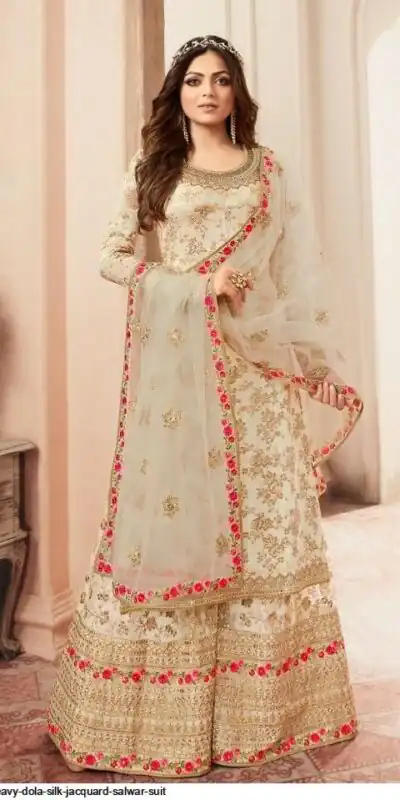 FC L.t 5401 Off White Color Jacquard Silk Georgette Diamond Sharara Suit Wedding, Party, Festive Expected Delivery 4-6 Working Days  @2999/- | Jump Suits, Salwar suit, Casual Suits, Creative suits, Designer Suits, Palazzo Suits, Party Wear Suits, Patiala Suits, Straight Suits