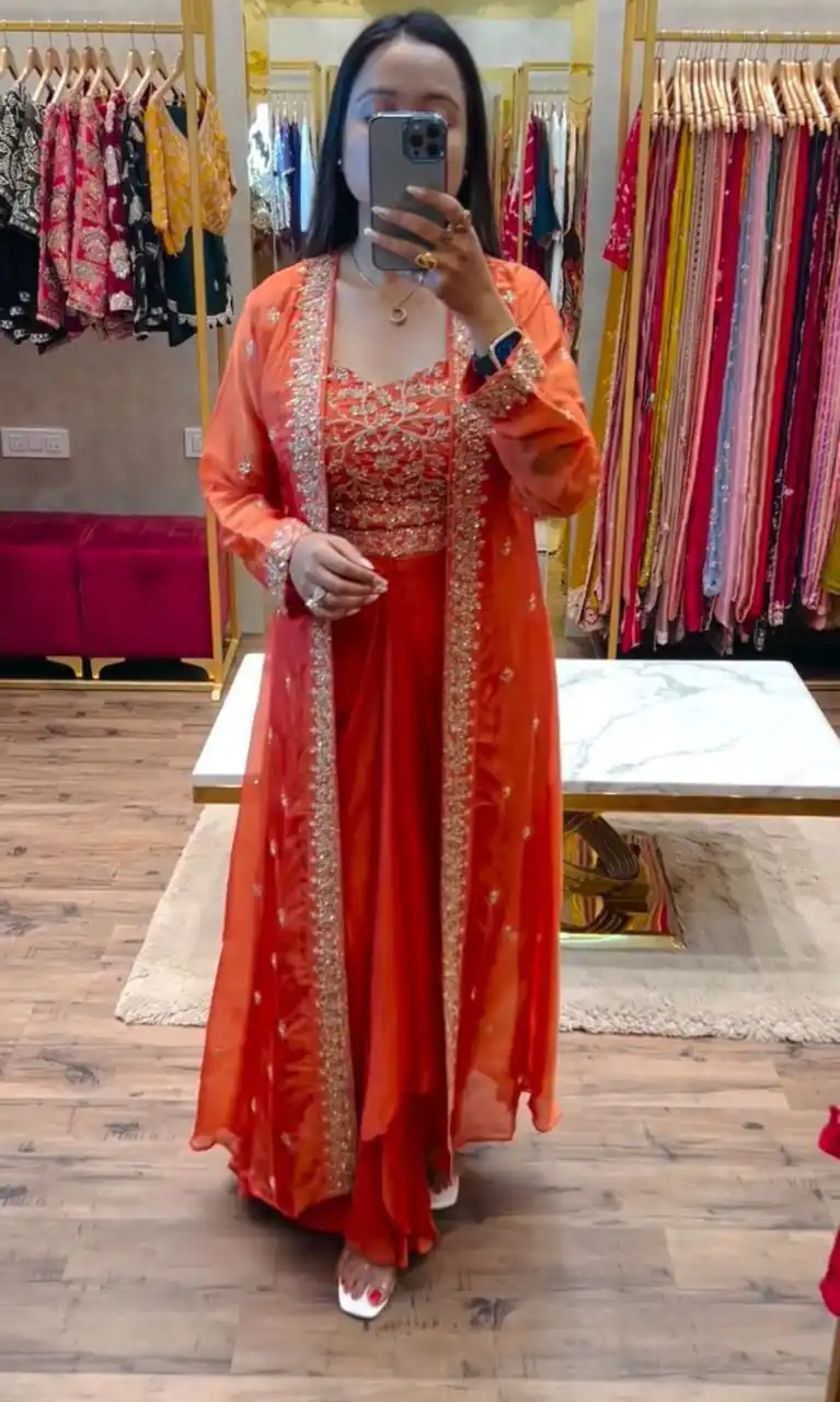 BB 56 Orange Chinon Silk Dhoti Suit with Embroidery Work & Sequins Work. Grab it for ₹1899. Delivery 4-6 Working Days. Shop now. | Jump Suits, Salwar suit, Casual Suits, Creative suits, Designer Suits, Palazzo Suits, Party Wear Suits, Patiala Suits, Straight Suits