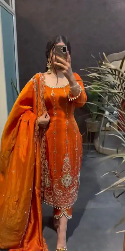 RTC 5970 Orange Fendy Silk Salwar Suit with Cut Work & Lace Work. Exclusive Offer ₹2399. Delivery 4-6 Working Days. Shop now. | Jump Suits, Salwar suit, Casual Suits, Creative suits, Designer Suits, Palazzo Suits, Party Wear Suits, Patiala Suits, Straight Suits