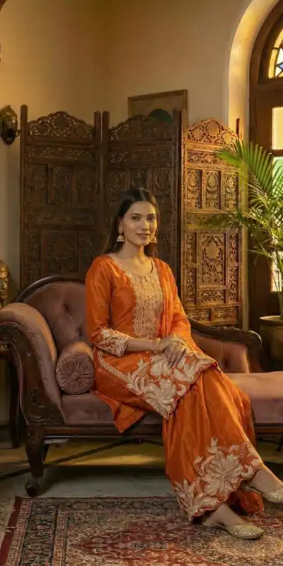 BE 442 Orange Organza Silk Salwar Suit with Embroidery Work & Cowrie Work. Grab it for ₹2049. Delivery 4-6 Working Days. Shop now. | Jump Suits, Salwar suit, Casual Suits, Creative suits, Designer Suits, Palazzo Suits, Party Wear Suits, Patiala Suits, Straight Suits