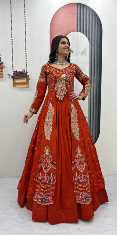 PC 528 Orange Vichitra Sequence Work Lehenga Choli Designer Work. Grab it for ₹2649. Delivery 4-6 Working Days. Shop now. | Lehenga, Bollywood Lehenga, Creative Lehenga, Designer Lehenga, Embroidered Lehenga, Party Wear Lehenga