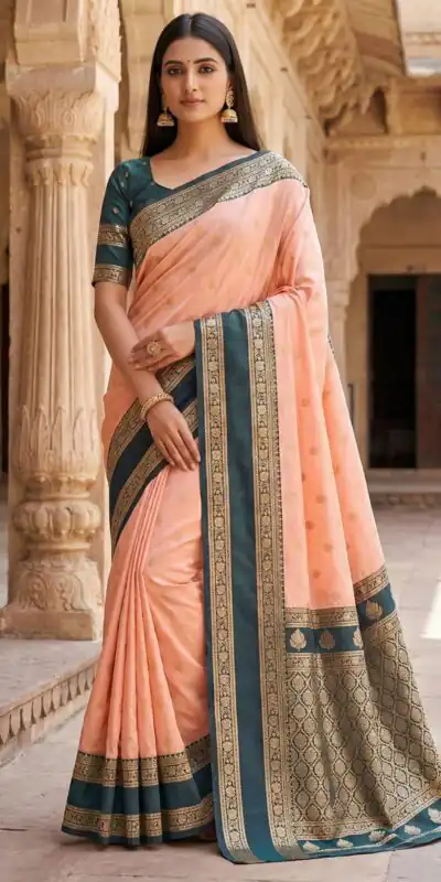 MB 3324 Peach in Color Banarasi Silk Zari Work & Lace Work Saree . Now at just ₹1949. Delivery 4-6 Working Days. Shop now. | Sarees, Bollywood Sarees, Creative Sarees, Designer Sarees, Embroidered Sarees, Ethnic Saree, Modern Digital sarees, Party Wear Sarees