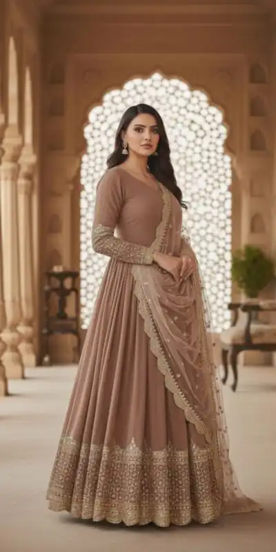 ZF 194 Peach Faux Georgette Gown Perfect for Wedding, Party, Makar Sankranti, Karwa Chauth, Ethnic Day – . Now at just ₹1999. Delivery 4-6 Working D | Gowns, Bollywood Gowns, Creative Gowns, Designer Gowns, Embroidered Gowns, Party Wear Gowns