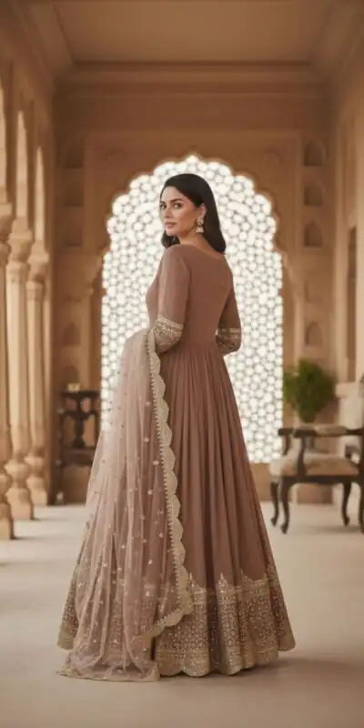 ZF 194 Peach Faux Georgette Gown Perfect for Wedding, Party, Makar Sankranti, Karwa Chauth, Ethnic Day – . Now at just ₹1999. Delivery 4-6 Working D | Gowns, Bollywood Gowns, Creative Gowns, Designer Gowns, Embroidered Gowns, Party Wear Gowns
