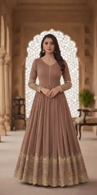 ZF 194 Peach Faux Georgette Gown Perfect for Wedding, Party, Makar Sankranti, Karwa Chauth, Ethnic Day – . Now at just ₹1999. Delivery 4-6 Working D | Gowns, Bollywood Gowns, Creative Gowns, Designer Gowns, Embroidered Gowns, Party Wear Gowns