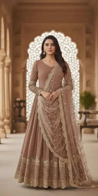 ZF 194 Peach Faux Georgette Gown Perfect for Wedding, Party, Makar Sankranti, Karwa Chauth, Ethnic Day β . Now at just βΉ1999. Delivery 4-6 Working D | Gowns, Bollywood Gowns, Creative Gowns, Designer Gowns, Embroidered Gowns, Party Wear Gowns