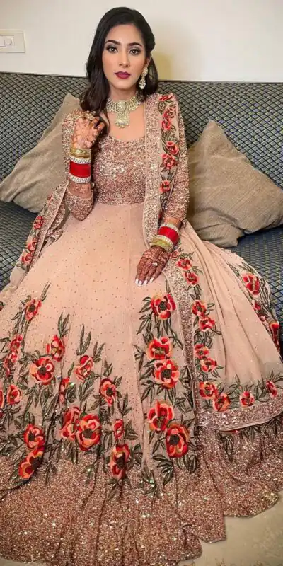 RC 217 Peach Georgette Gown with Embroidery Work & Stone Work. Available at ₹2049 only. Delivery 4-6 Working Days. Shop now. | Gowns, Bollywood Gowns, Creative Gowns, Designer Gowns, Embroidered Gowns, Party Wear Gowns