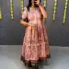 MF 666 Peach Malai Satin Gown with Digital Print & Kalamkari Print. Now at just ₹1499. Delivery 4-6 Working Days. Shop now. | Gowns, Bollywood Gowns, Creative Gowns, Designer Gowns, Embroidered Gowns, Party Wear Gowns