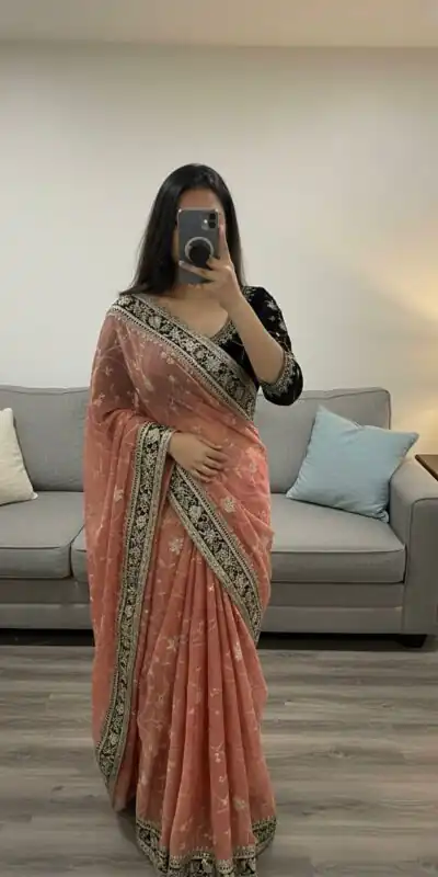 NC 5534 Peach Moss Silk Saree Perfect for Wedding, Party, Ganesh Chaturthi, Karwa Chauth, Haldi – . Introductory Price ₹2049. Delivery 4-6 Working Days. | Sarees, Bollywood Sarees, Creative Sarees, Designer Sarees, Embroidered Sarees, Ethnic Saree, Modern Digital sarees, Party Wear Sarees