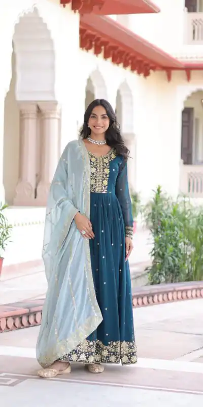 KA 1217 Peacock Blue Faux Georgette Sequence Work Gown Gown. Wedding, Party, Festive, Events Grab it for ₹2149. Delivery 4-6 Working Days. Shop now. | Gowns, Bollywood Gowns, Creative Gowns, Designer Gowns, Embroidered Gowns, Party Wear Gowns