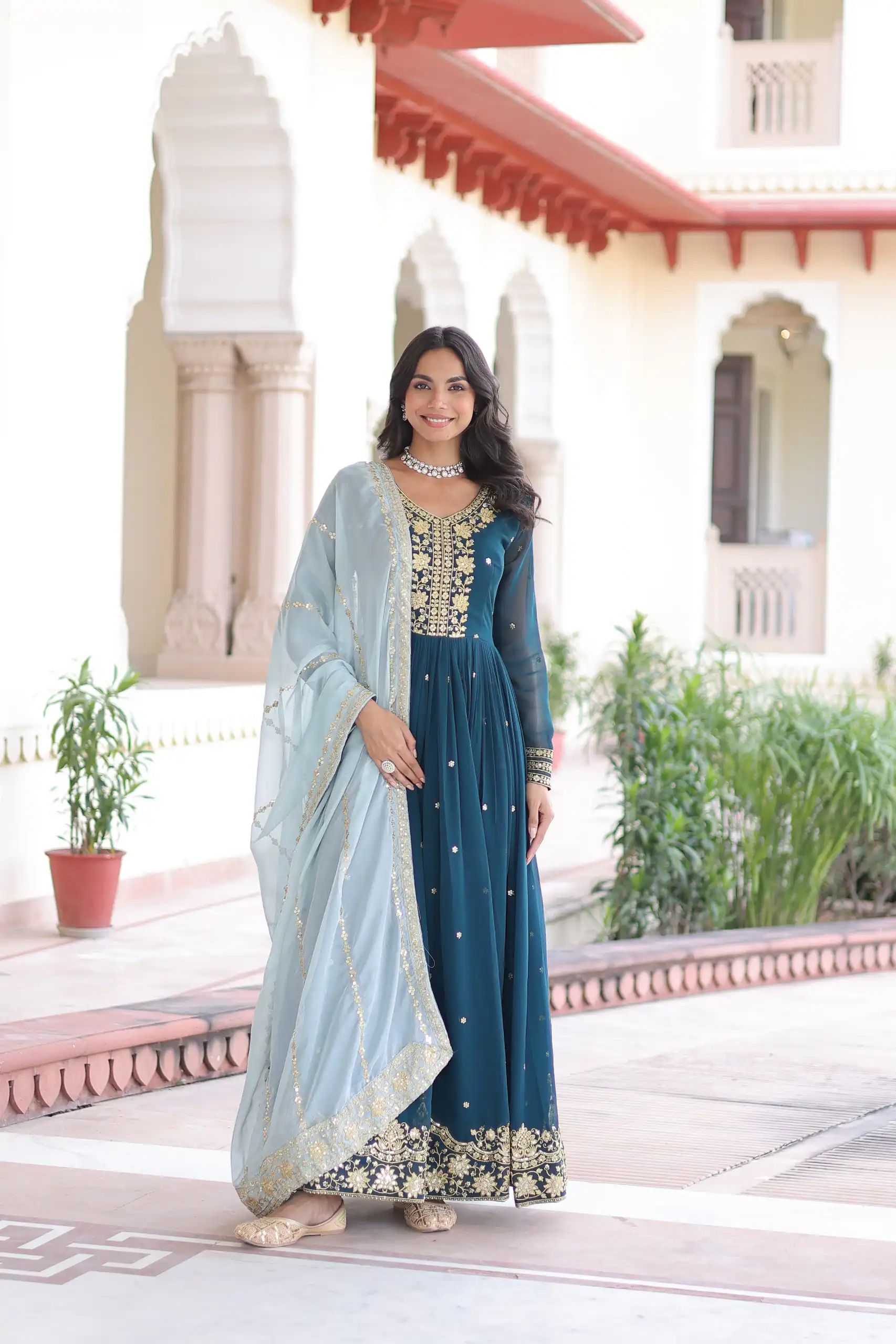 KA 1217 Peacock Blue Faux Georgette Sequence Work Gown Gown. Wedding, Party, Festive, Events Grab it for ₹2149. Delivery 4-6 Working Days. Shop now. | Gowns, Bollywood Gowns, Creative Gowns, Designer Gowns, Embroidered Gowns, Party Wear Gowns