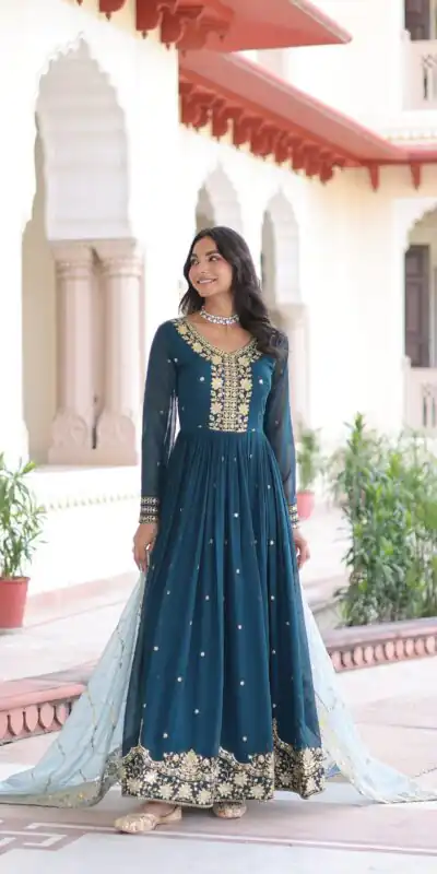 KA 1217 Peacock Blue Faux Georgette Sequence Work Gown Gown. Wedding, Party, Festive, Events Grab it for ₹2149. Delivery 4-6 Working Days. Shop now. | Gowns, Bollywood Gowns, Creative Gowns, Designer Gowns, Embroidered Gowns, Party Wear Gowns