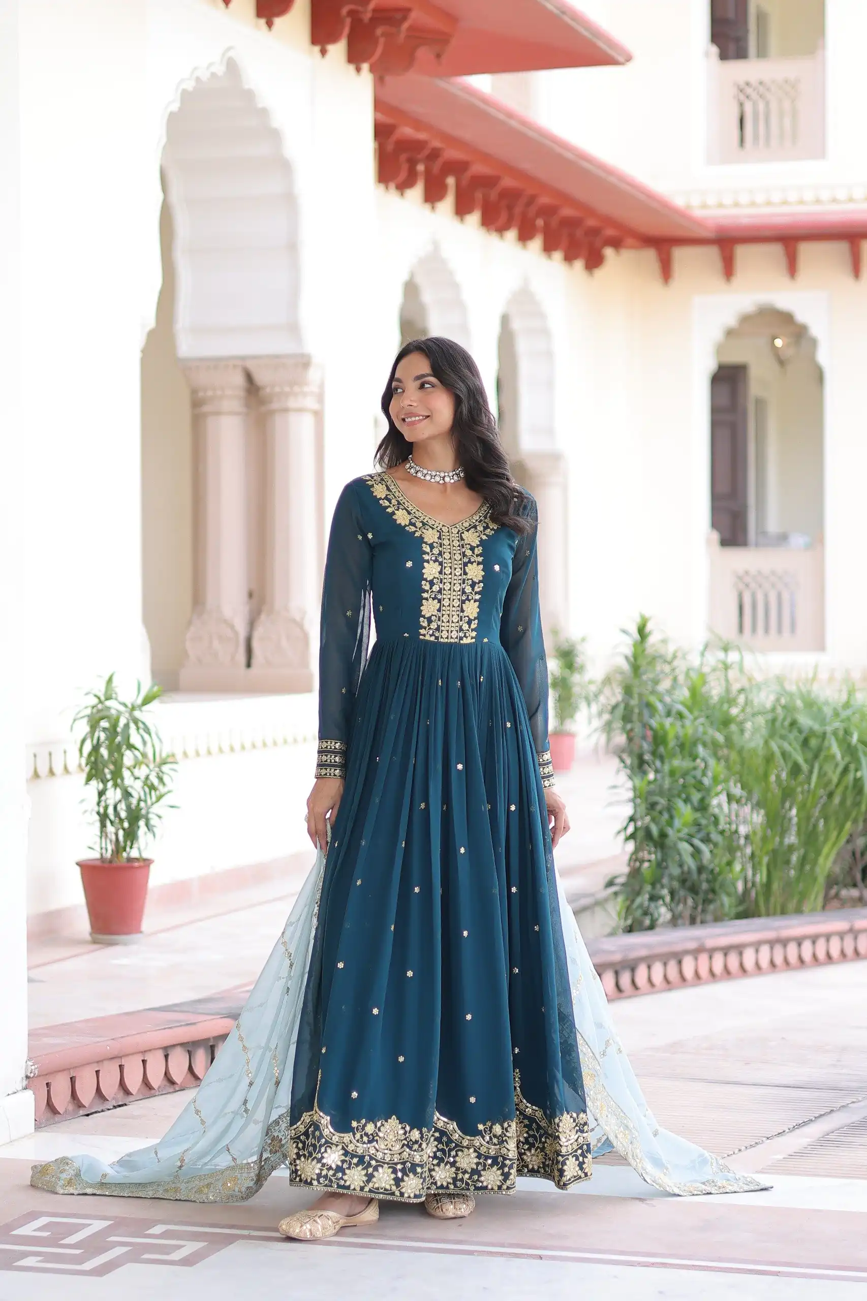 KA 1217 Peacock Blue Faux Georgette Sequence Work Gown Gown. Wedding, Party, Festive, Events Grab it for ₹2149. Delivery 4-6 Working Days. Shop now. | Gowns, Bollywood Gowns, Creative Gowns, Designer Gowns, Embroidered Gowns, Party Wear Gowns