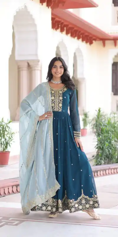 KA 1217 Peacock Blue Faux Georgette Sequence Work Gown Gown. Wedding, Party, Festive, Events Grab it for βΉ2149. Delivery 4-6 Working Days. Shop now. | Gowns, Bollywood Gowns, Creative Gowns, Designer Gowns, Embroidered Gowns, Party Wear Gowns