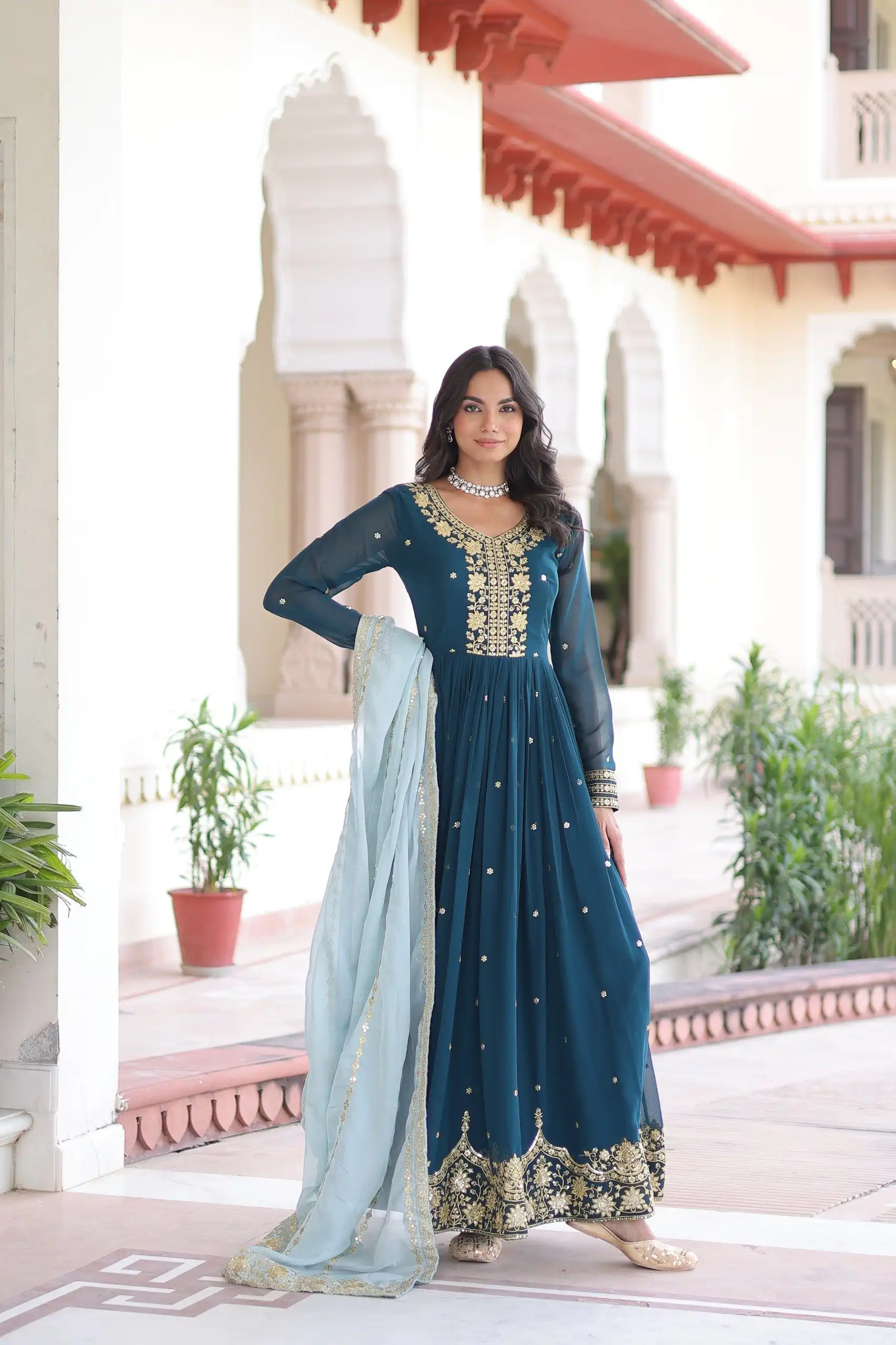 KA 1217 Peacock Blue Faux Georgette Sequence Work Gown Gown. Wedding, Party, Festive, Events Grab it for ₹2149. Delivery 4-6 Working Days. Shop now. | Gowns, Bollywood Gowns, Creative Gowns, Designer Gowns, Embroidered Gowns, Party Wear Gowns