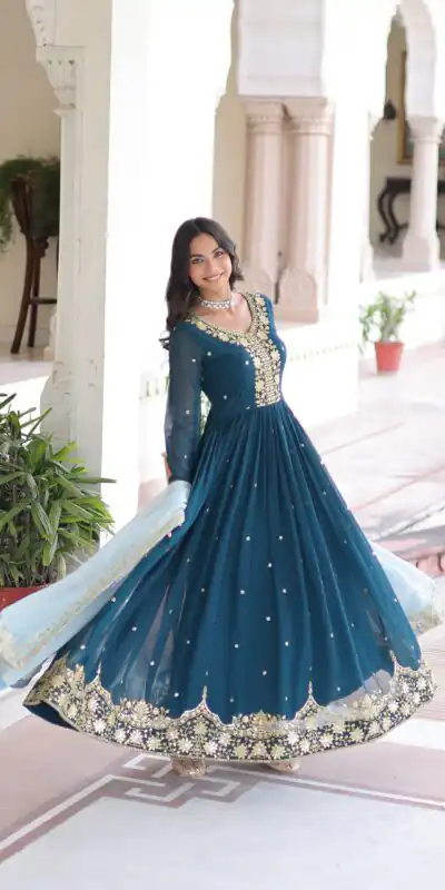 KA 1217 Peacock Blue Faux Georgette Sequence Work Gown Gown. Wedding, Party, Festive, Events Grab it for ₹2149. Delivery 4-6 Working Days. Shop now. | Gowns, Bollywood Gowns, Creative Gowns, Designer Gowns, Embroidered Gowns, Party Wear Gowns