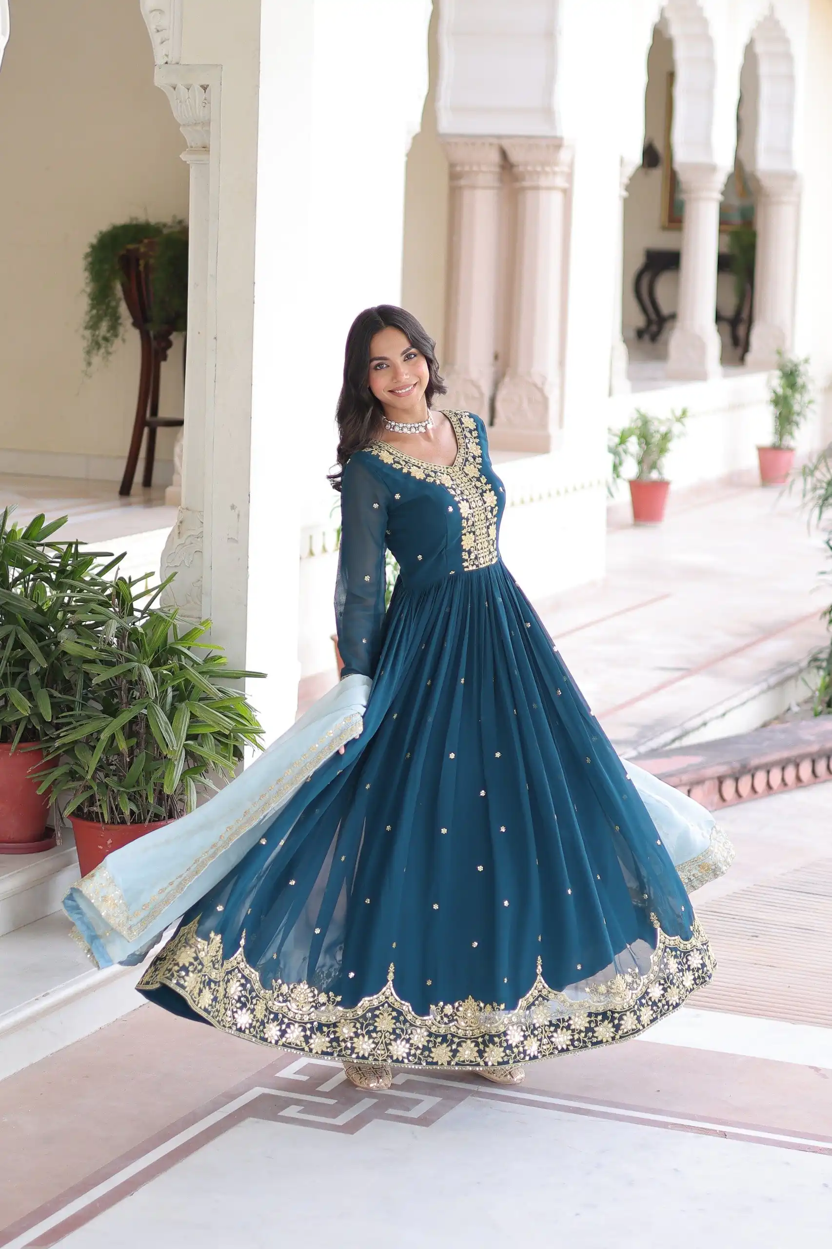 KA 1217 Peacock Blue Faux Georgette Sequence Work Gown Gown. Wedding, Party, Festive, Events Grab it for ₹2149. Delivery 4-6 Working Days. Shop now. | Gowns, Bollywood Gowns, Creative Gowns, Designer Gowns, Embroidered Gowns, Party Wear Gowns
