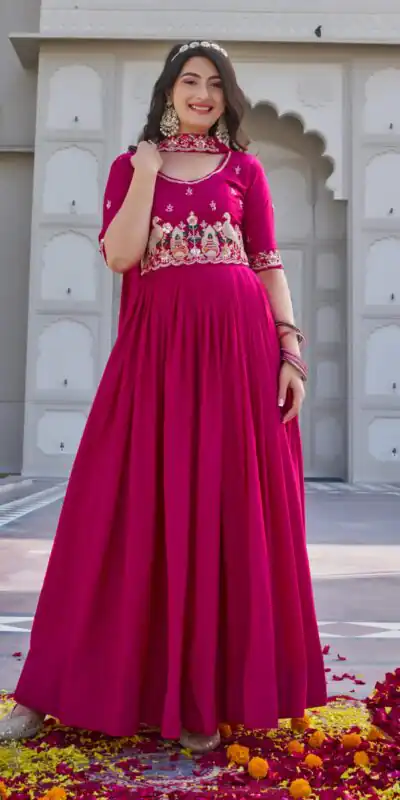 Ram 152 Pink Crap Silk Gown Perfect for Wedding, Party, Durga Puja, Temple Visit, Raksha Bandhan β . Available at βΉ1899 only. Delivery 4-6 Working Days | Gowns, Bollywood Gowns, Creative Gowns, Designer Gowns, Embroidered Gowns, Party Wear Gowns