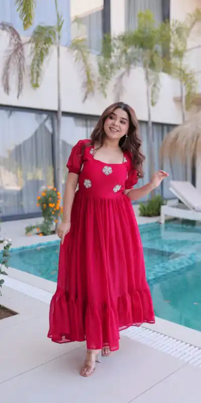 KA 1224 Pink Color Fendi Silk Gown with Embroidery Work & Bead Work. Get it for ₹1769. Delivery 4-6 Working Days. Shop now. | Gowns, Bollywood Gowns, Creative Gowns, Designer Gowns, Embroidered Gowns, Party Wear Gowns