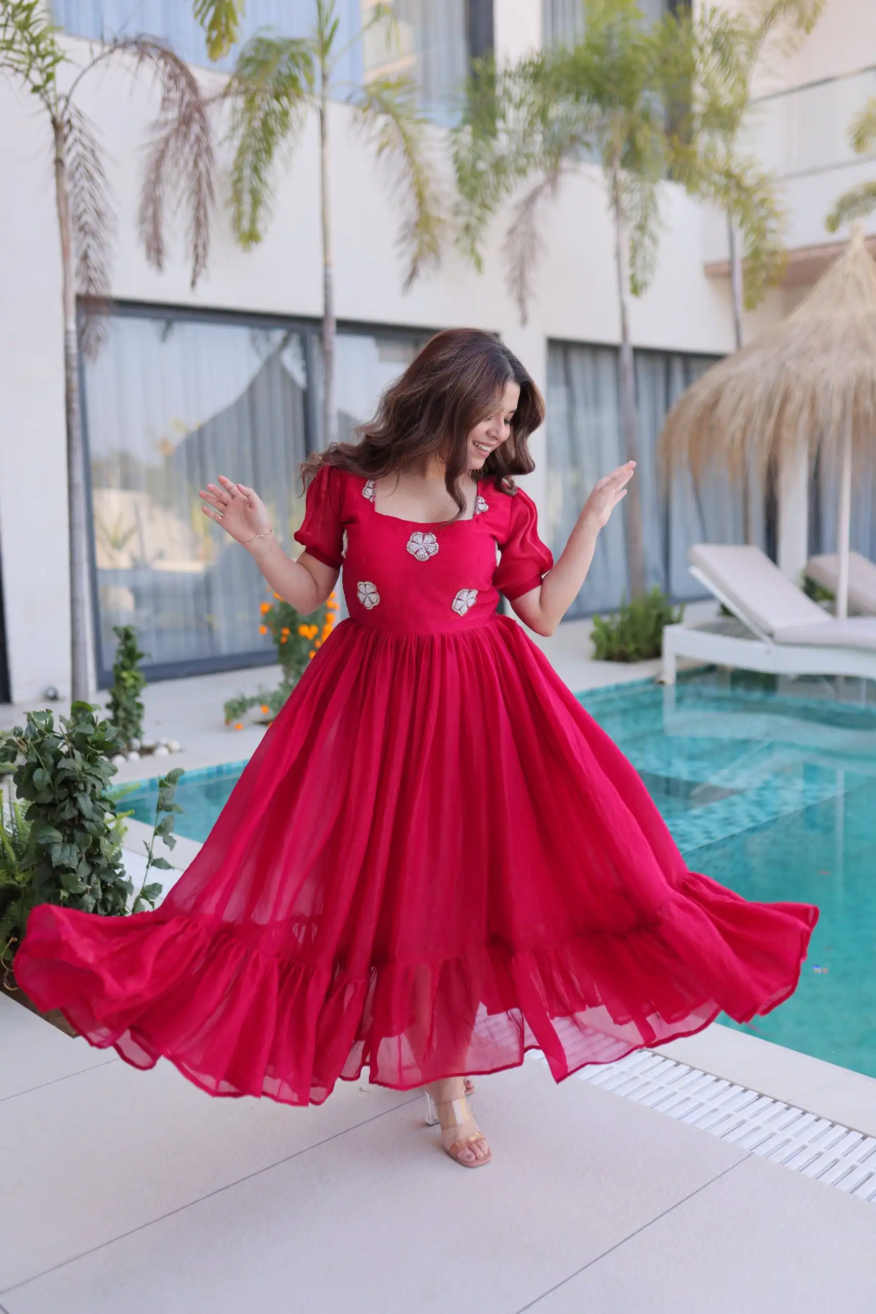 KA 1224 Pink Color Fendi Silk Gown with Embroidery Work & Bead Work. Get it for ₹1769. Delivery 4-6 Working Days. Shop now. | Gowns, Bollywood Gowns, Creative Gowns, Designer Gowns, Embroidered Gowns, Party Wear Gowns