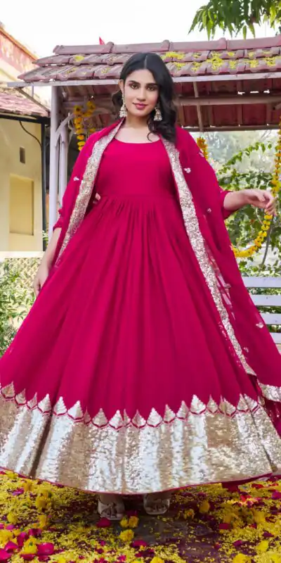 Ram 157 Pink Fox Georgette Gown Perfect for Wedding, Party, Ethnic Day, Pongal, Durga Puja β . Affordable Price βΉ2149. Delivery 4-6 Working Days. | Gowns, Bollywood Gowns, Creative Gowns, Designer Gowns, Embroidered Gowns, Party Wear Gowns