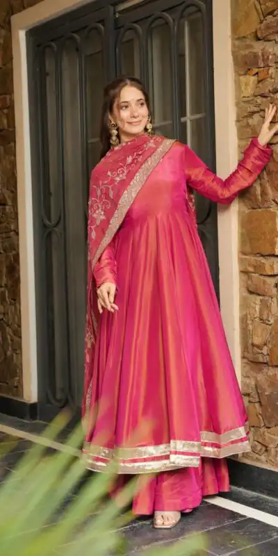 SRK 5289 Pink Roman Simmer Silk Border Work Gown. Wedding, Party, Festive, Events Grab it for ₹1649. Delivery 4-6 Working Days. Shop now. | Gowns, Bollywood Gowns, Creative Gowns, Designer Gowns, Embroidered Gowns, Party Wear Gowns