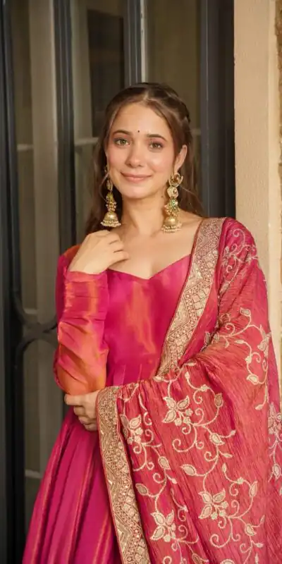 SRK 5289 Pink Roman Simmer Silk Border Work Gown. Wedding, Party, Festive, Events Grab it for ₹1649. Delivery 4-6 Working Days. Shop now. | Gowns, Bollywood Gowns, Creative Gowns, Designer Gowns, Embroidered Gowns, Party Wear Gowns