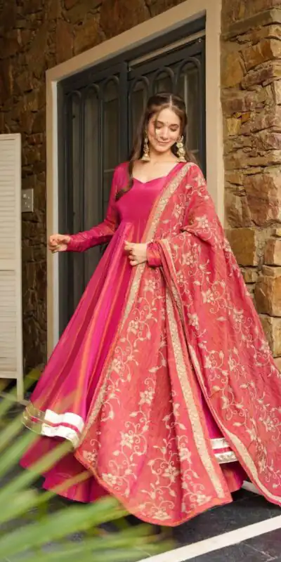 SRK 5289 Pink Roman Simmer Silk Border Work Gown. Wedding, Party, Festive, Events Grab it for βΉ1649. Delivery 4-6 Working Days. Shop now. | Gowns, Bollywood Gowns, Creative Gowns, Designer Gowns, Embroidered Gowns, Party Wear Gowns