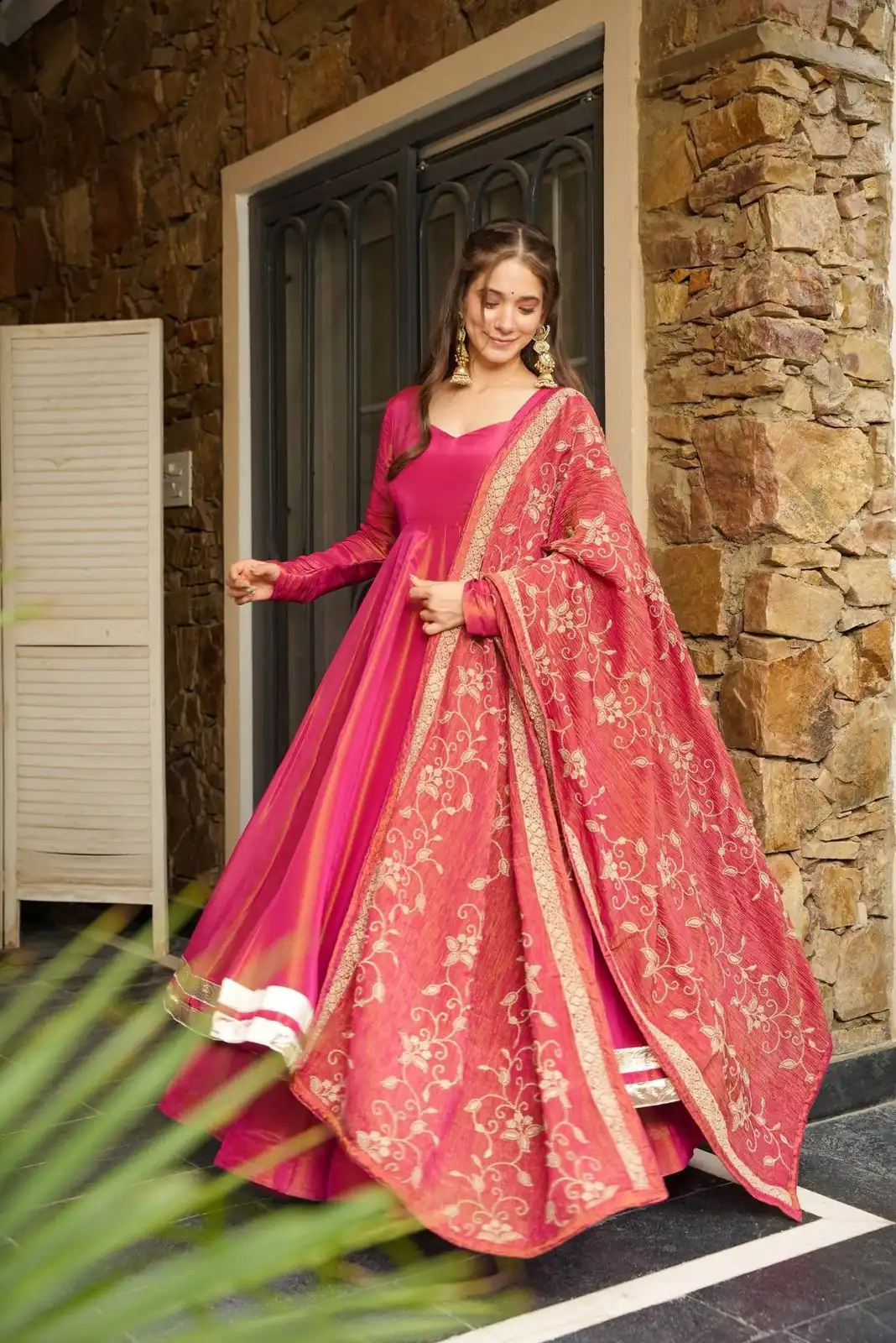 SRK 5289 Pink Roman Simmer Silk Border Work Gown. Wedding, Party, Festive, Events Grab it for ₹1649. Delivery 4-6 Working Days. Shop now. | Gowns, Bollywood Gowns, Creative Gowns, Designer Gowns, Embroidered Gowns, Party Wear Gowns