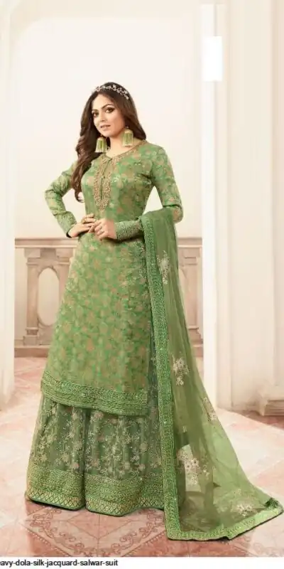 FC L.t 5401 Pista Color Jacquard Silk Georgette Diamond Sharara Suit Wedding, Party, Festive Expected Delivery 4-6 Working Days  @2999/- | Jump Suits, Salwar suit, Casual Suits, Creative suits, Designer Suits, Palazzo Suits, Party Wear Suits, Patiala Suits, Straight Suits