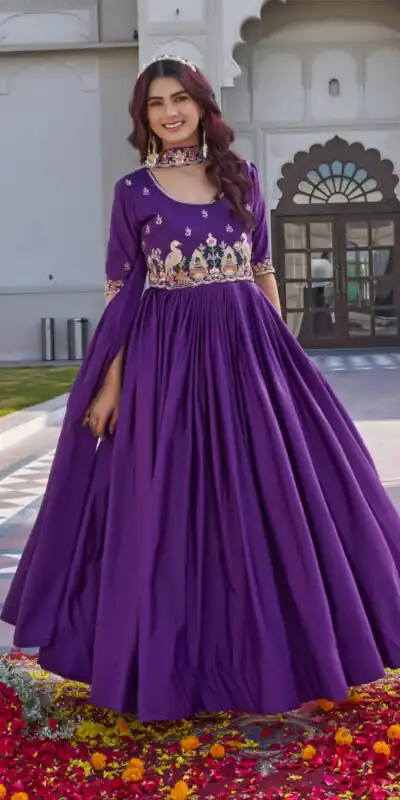Ram 152 Purple Crap Silk Gown Perfect for Wedding, Party, Durga Puja, Temple Visit, Raksha Bandhan – . Available at ₹1899 only. Delivery 4-6 Working Days | Gowns, Bollywood Gowns, Creative Gowns, Designer Gowns, Embroidered Gowns, Party Wear Gowns