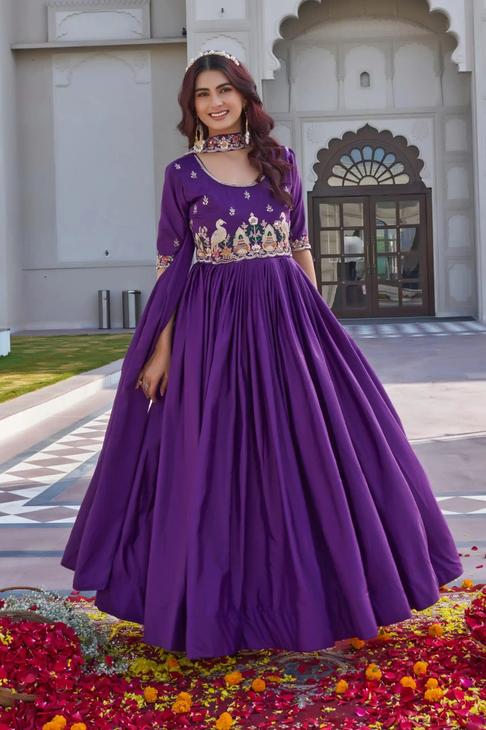 Ram 152 Purple Crap Silk Gown Perfect for Wedding, Party, Durga Puja, Temple Visit, Raksha Bandhan – . Available at ₹1899 only. Delivery 4-6 Working Days | Gowns, Bollywood Gowns, Creative Gowns, Designer Gowns, Embroidered Gowns, Party Wear Gowns