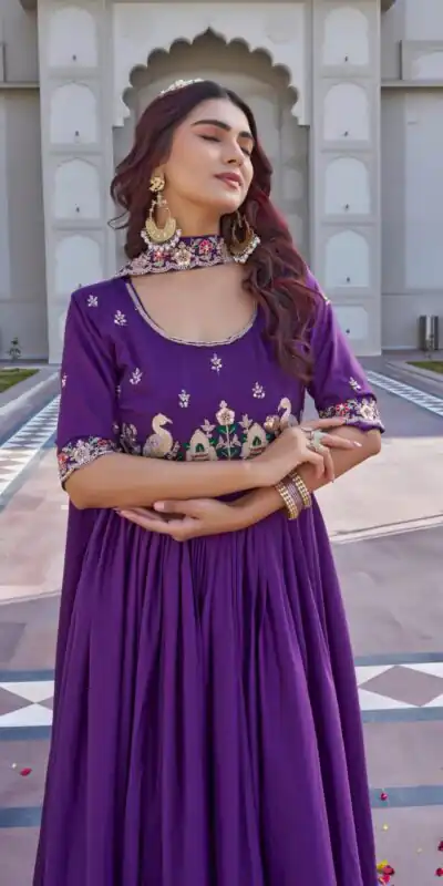 Ram 152 Purple Crap Silk Gown Perfect for Wedding, Party, Durga Puja, Temple Visit, Raksha Bandhan β . Available at βΉ1899 only. Delivery 4-6 Working Days | Gowns, Bollywood Gowns, Creative Gowns, Designer Gowns, Embroidered Gowns, Party Wear Gowns