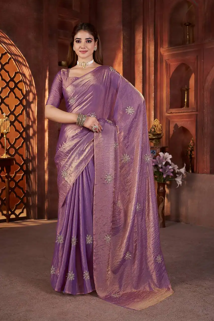 Purple Fandy Satin Silk Bead Work Saree
