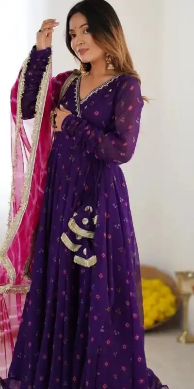 ST 1116 Purple Faux Georgette Gown with Digital Print & Embroidery Work. Exclusive Offer βΉ1999. Delivery 4-6 Working Days. Shop now. | Gowns, Bollywood Gowns, Creative Gowns, Designer Gowns, Embroidered Gowns, Party Wear Gowns