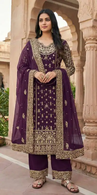 NSR 879 Purple Faux Georgette Salwar Suit with Embroidery Work. Available at ₹2399 only. Delivery 4-6 Working Days. Shop now. | Jump Suits, Tops & Bottoms, Track Suits, Salwar suit, Casual Suits, Creative suits, Designer Suits, Palazzo Suits, Party Wear Suits, Patiala Suits, Straight Suits, Trendy Wear