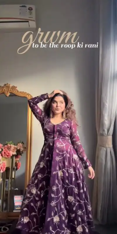 KD 1566 Purple Fendy Silk Gown Perfect for Wedding, Party, Pongal, Sangeet, Diwali – . Get it for ₹2499. Delivery 4-6 Working Days. Shop now. | Gowns, Bollywood Gowns, Creative Gowns, Designer Gowns, Embroidered Gowns, Party Wear Gowns