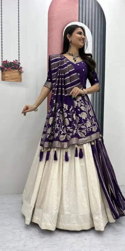 PC 560 Purple in Jacquard Silk Designer Work Lehenga Choli . Introductory Price ₹3249. Delivery 4-6 Working Days. Shop now. | Lehenga, Bollywood Lehenga, Creative Lehenga, Designer Lehenga, Embroidered Lehenga, Party Wear Lehenga