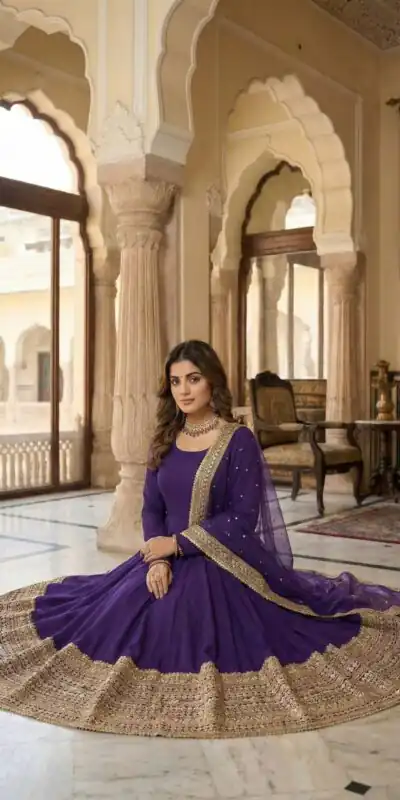 ZSR 3152 Purple Color Roman silk Gown with Embroidery Work & Lace Work. Grab it for ₹2599. Delivery 4-6 Working Days. Shop now. | Gowns, Bollywood Gowns, Creative Gowns, Designer Gowns, Embroidered Gowns, Party Wear Gowns