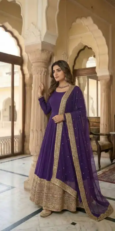 ZSR 3152 Purple Color Roman silk Gown with Embroidery Work & Lace Work. Grab it for ₹2599. Delivery 4-6 Working Days. Shop now. | Gowns, Bollywood Gowns, Creative Gowns, Designer Gowns, Embroidered Gowns, Party Wear Gowns
